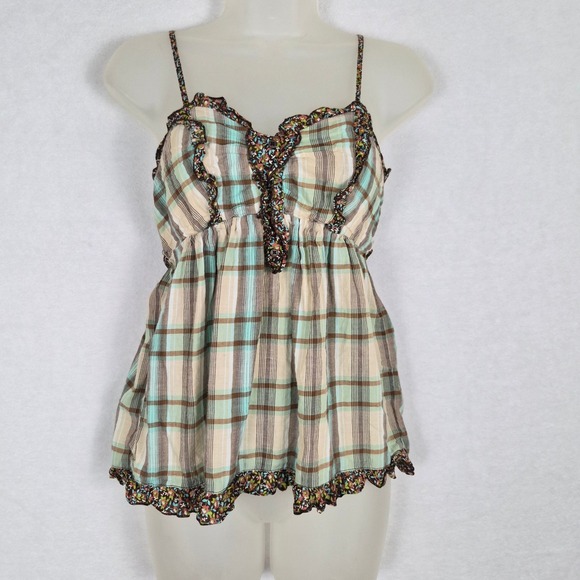 Mossimo Supply Co. Tops - Mossimo Supply y2k 90s Plaid Floral Ruffle Cami Top Mint Brown Small Babydoll